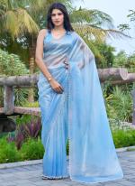 Organza Sky Blue Party Wear Hand Work Saree